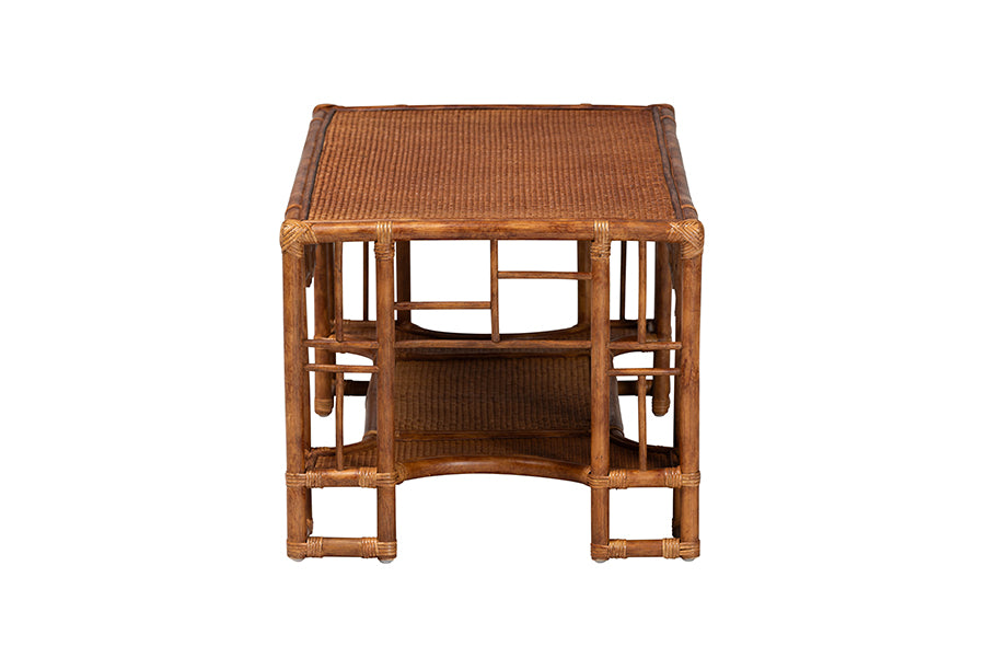 bali & pari Tahlia Marbled Tortoise Rattan Coffee Table with Open Shelf