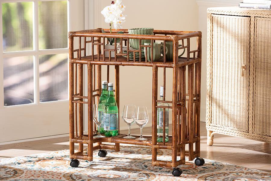 bali & pari Tahlia Marbled Tortoise Rattan Kitchen Cart with Open Shelf