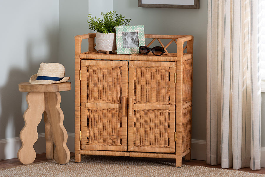 bali & pari Hendrina Natural Rattan and Mahogany Wood Shoe Cabinet, 3-Tier