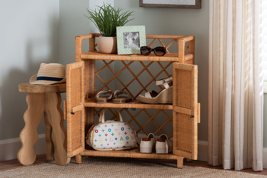 bali & pari Hendrina Natural Rattan and Mahogany Wood Shoe Cabinet, 3-Tier