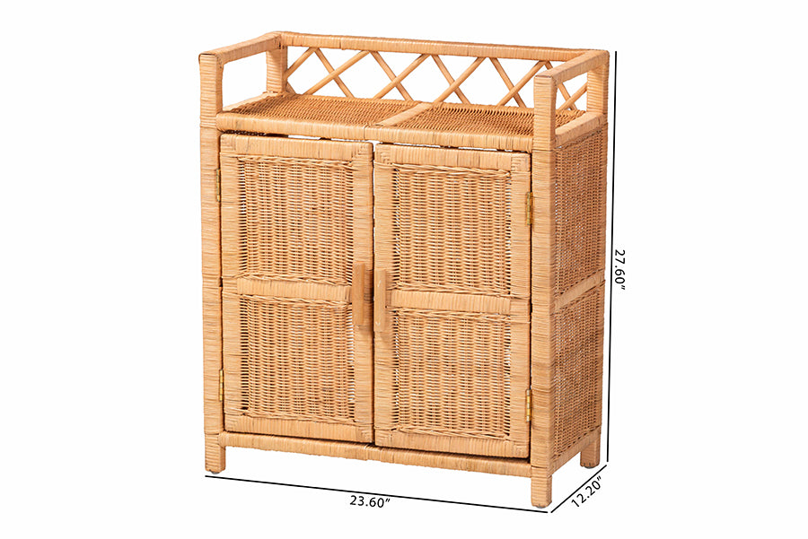 bali & pari Hendrina Natural Rattan and Mahogany Wood Shoe Cabinet, 3-Tier