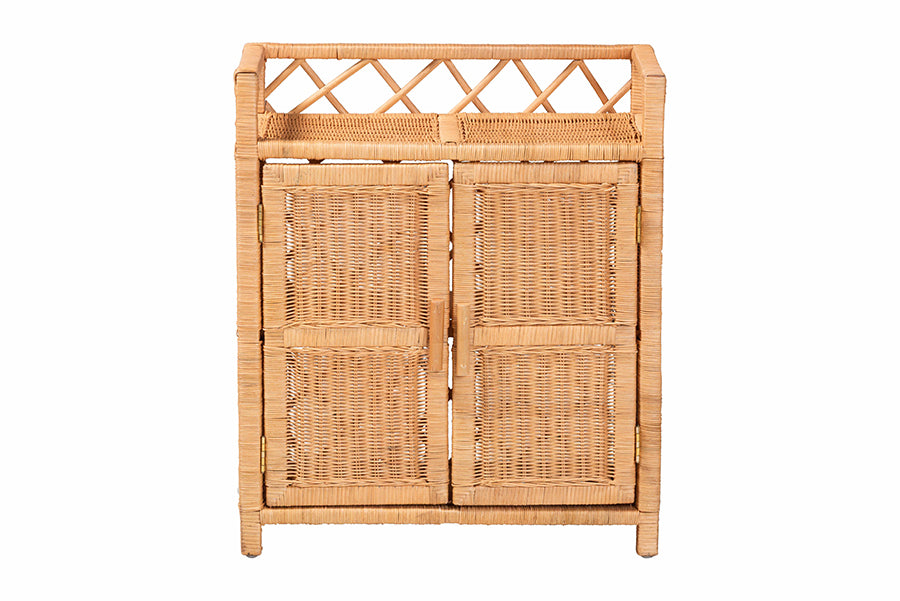 bali & pari Hendrina Natural Rattan and Mahogany Wood Shoe Cabinet, 3-Tier