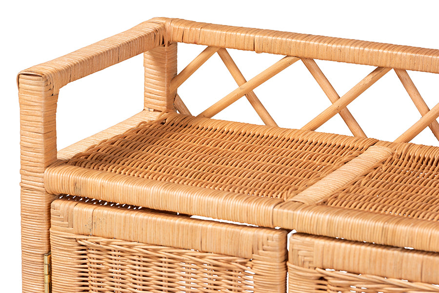 bali & pari Hendrina Natural Rattan and Mahogany Wood Shoe Cabinet, 3-Tier