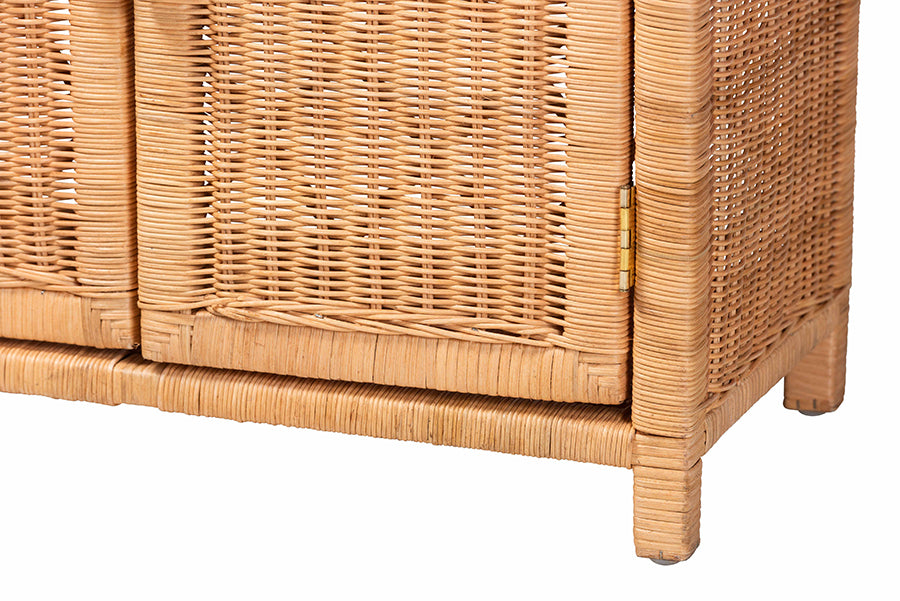 bali & pari Hendrina Natural Rattan and Mahogany Wood Shoe Cabinet, 3-Tier