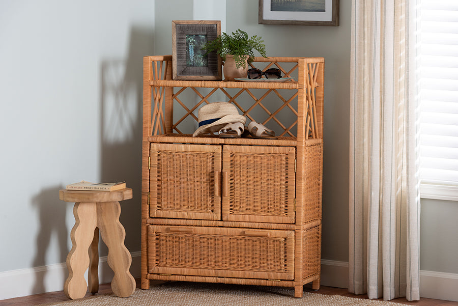 bali & pari Hendrina Natural Rattan and Mahogany Wood Shoe Cabinet, 4-Tier