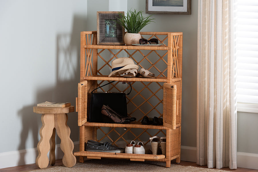 bali & pari Hendrina Natural Rattan and Mahogany Wood Shoe Cabinet, 4-Tier