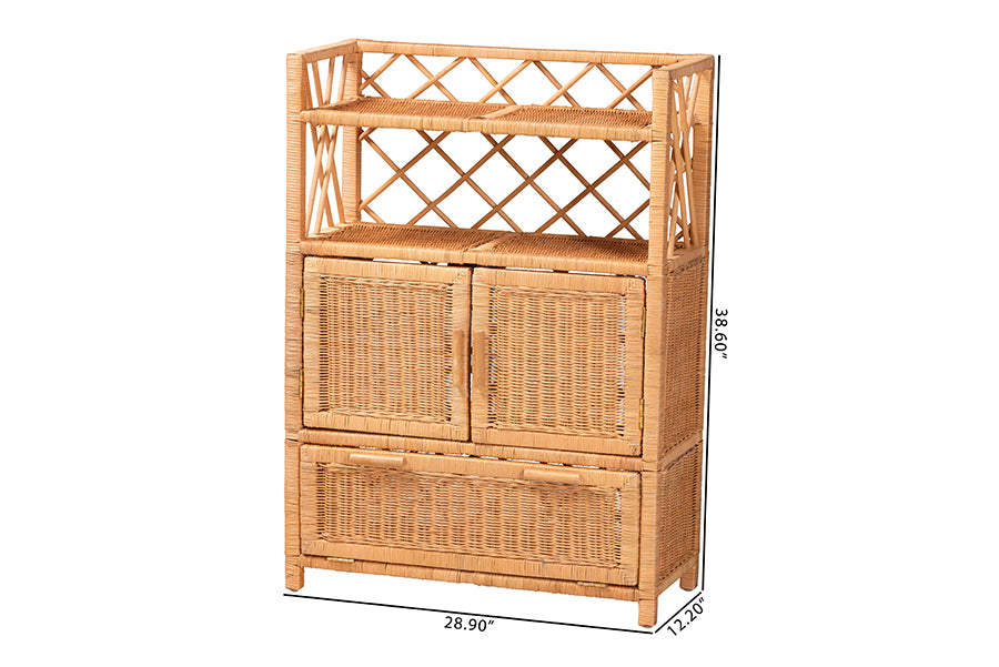 bali & pari Hendrina Natural Rattan and Mahogany Wood Shoe Cabinet, 4-Tier
