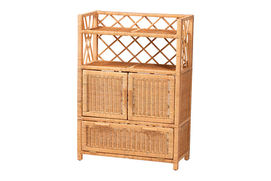 bali & pari Hendrina Natural Rattan and Mahogany Wood Shoe Cabinet, 4-Tier