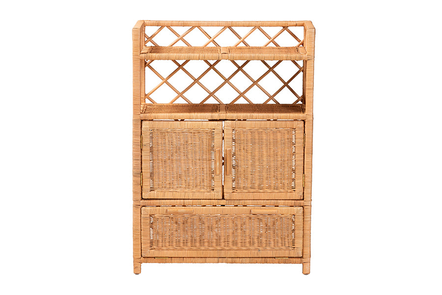 bali & pari Hendrina Natural Rattan and Mahogany Wood Shoe Cabinet, 4-Tier