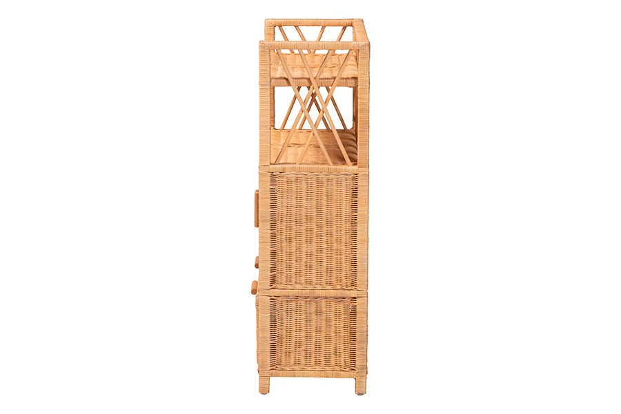 bali & pari Hendrina Natural Rattan and Mahogany Wood Shoe Cabinet, 4-Tier