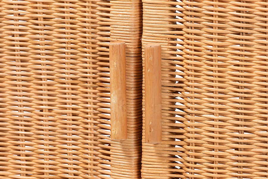bali & pari Hendrina Natural Rattan and Mahogany Wood Shoe Cabinet, 4-Tier