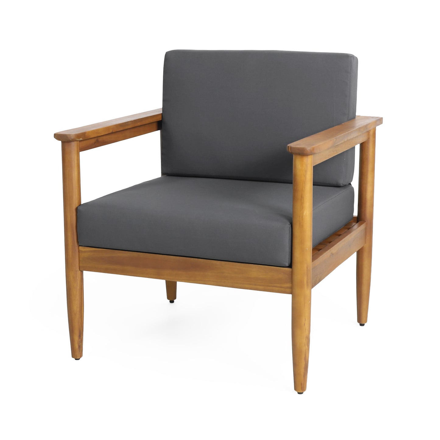 Outdoor Club Chair, Patio Chair with Teak Acacia Wood Frame and Dark Grey Cushions, Water-Resistant