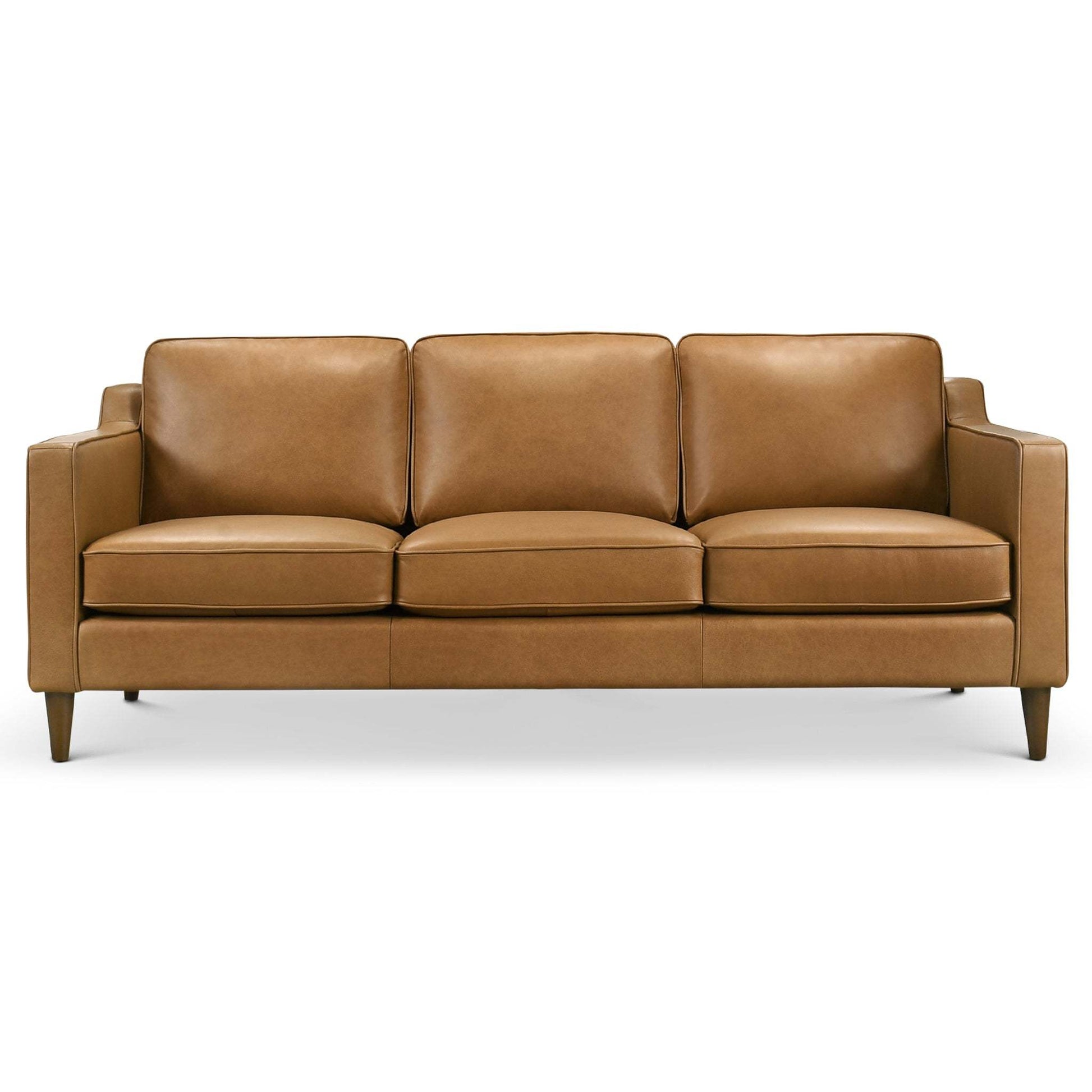 Cooper Mid Century Modern Tan Leather Sofa with Easy Maintenance and Solid Wood Frame FredCo