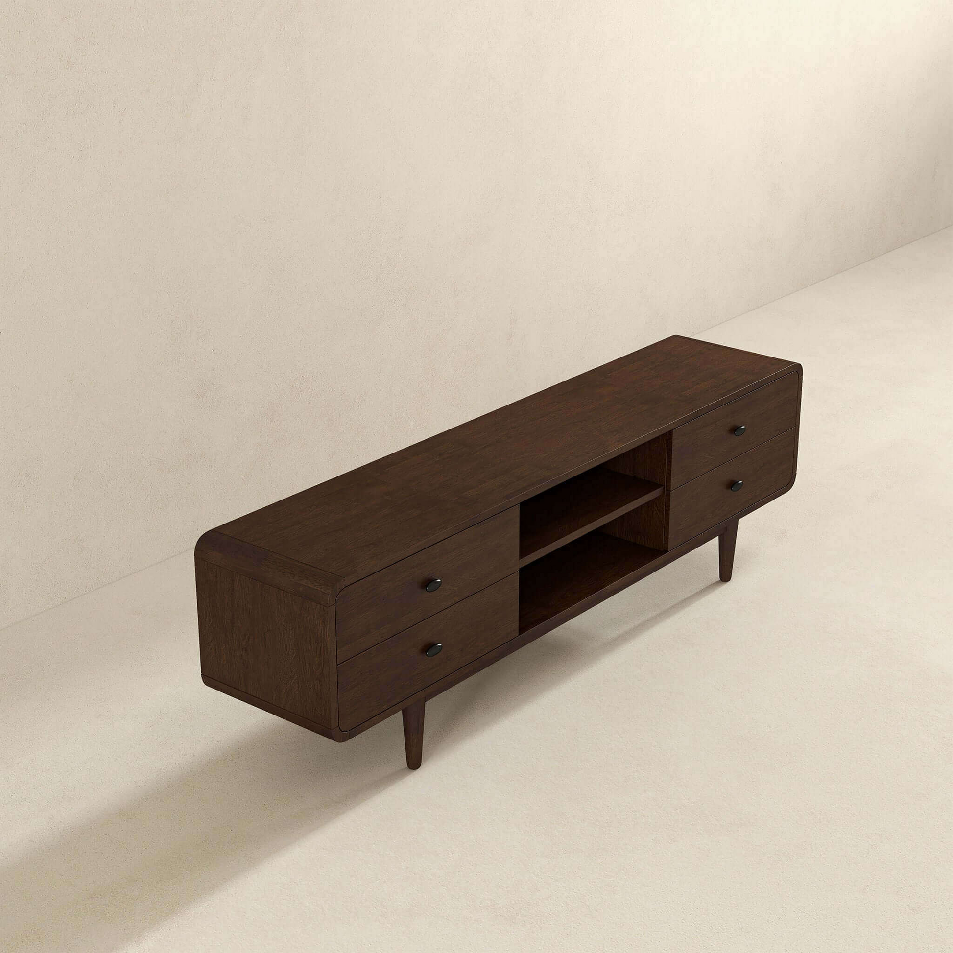 Modern dark wood TV stand with drawers and open shelves on light background, FredCo International furniture