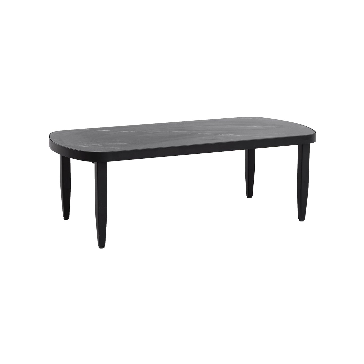Modern Outdoor Elegance Arc Coffee Table with Black Marble-Inspired Sintered Stone Top, Aluminum Frame, Ember Black Finish, Post Tapered Legs & Rounded Corners, Weatherproof & Rust-Free