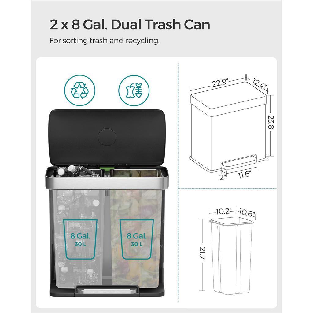 16 Gallon(2 x 8 Gallon) Dual Compartment Trash Can FredCo