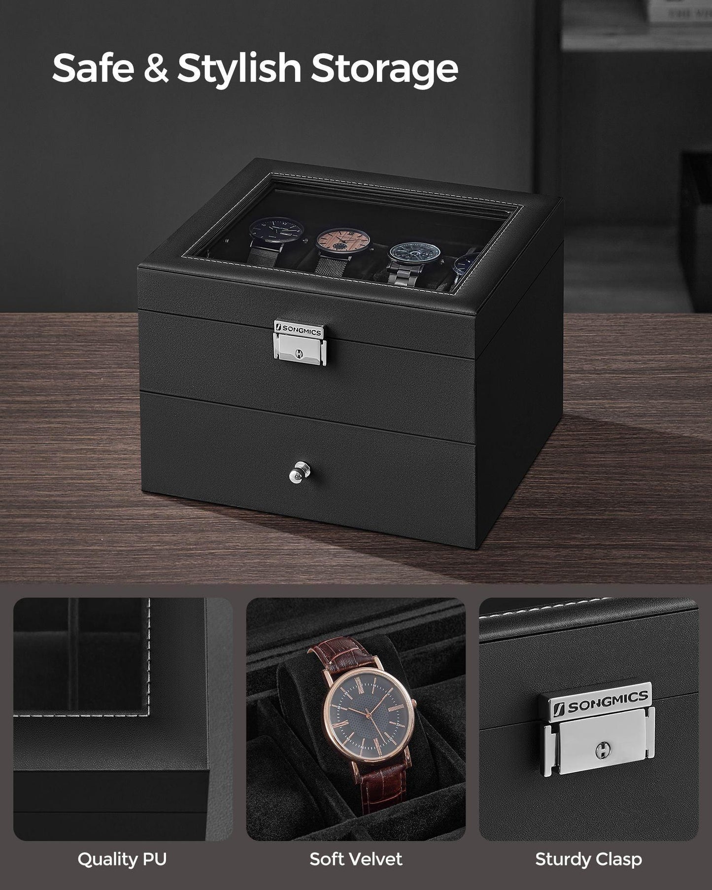 16-Slot Watch Box Black and Gray FredCo