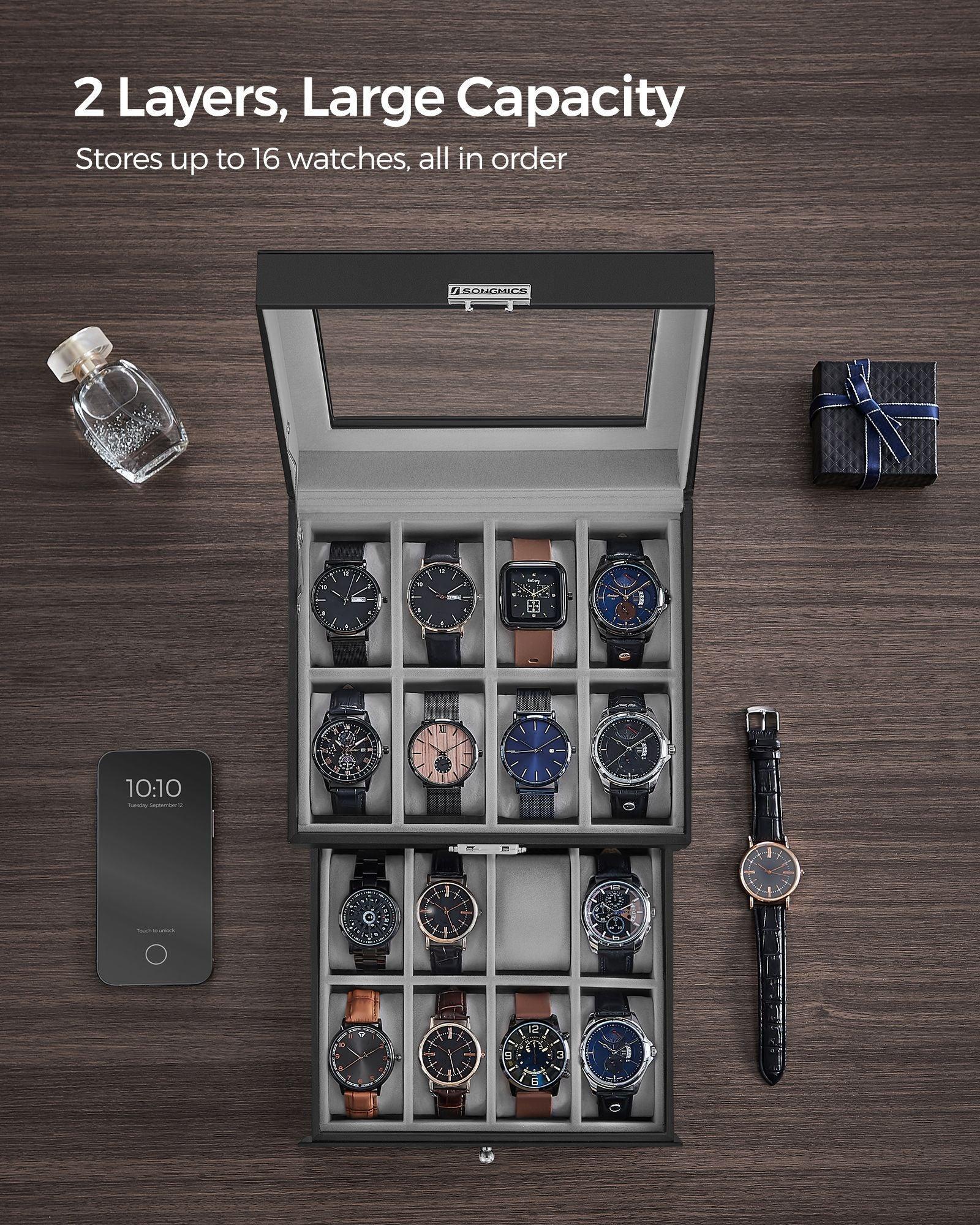 16-Slot Watch Box Black and Gray FredCo