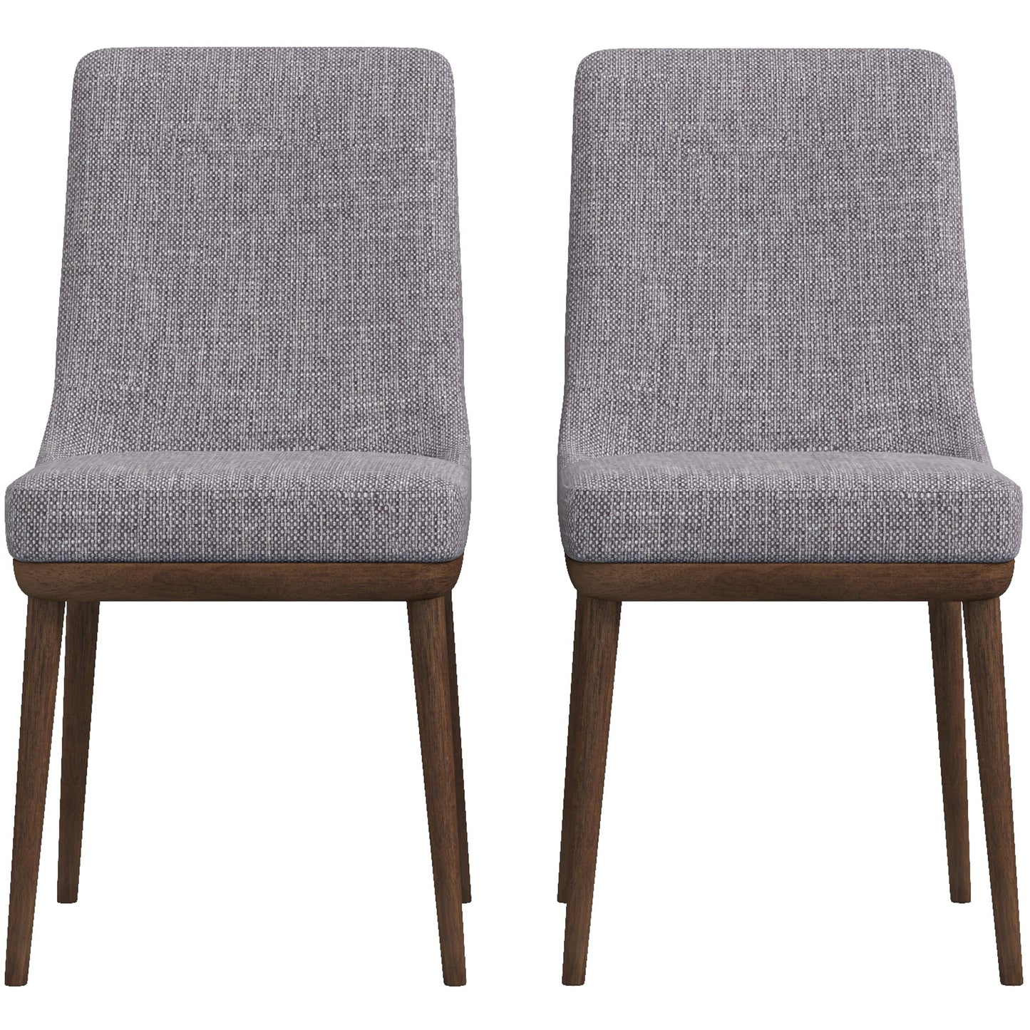 Pair of modern grey upholstered dining chairs with wood legs, FredCo International furniture