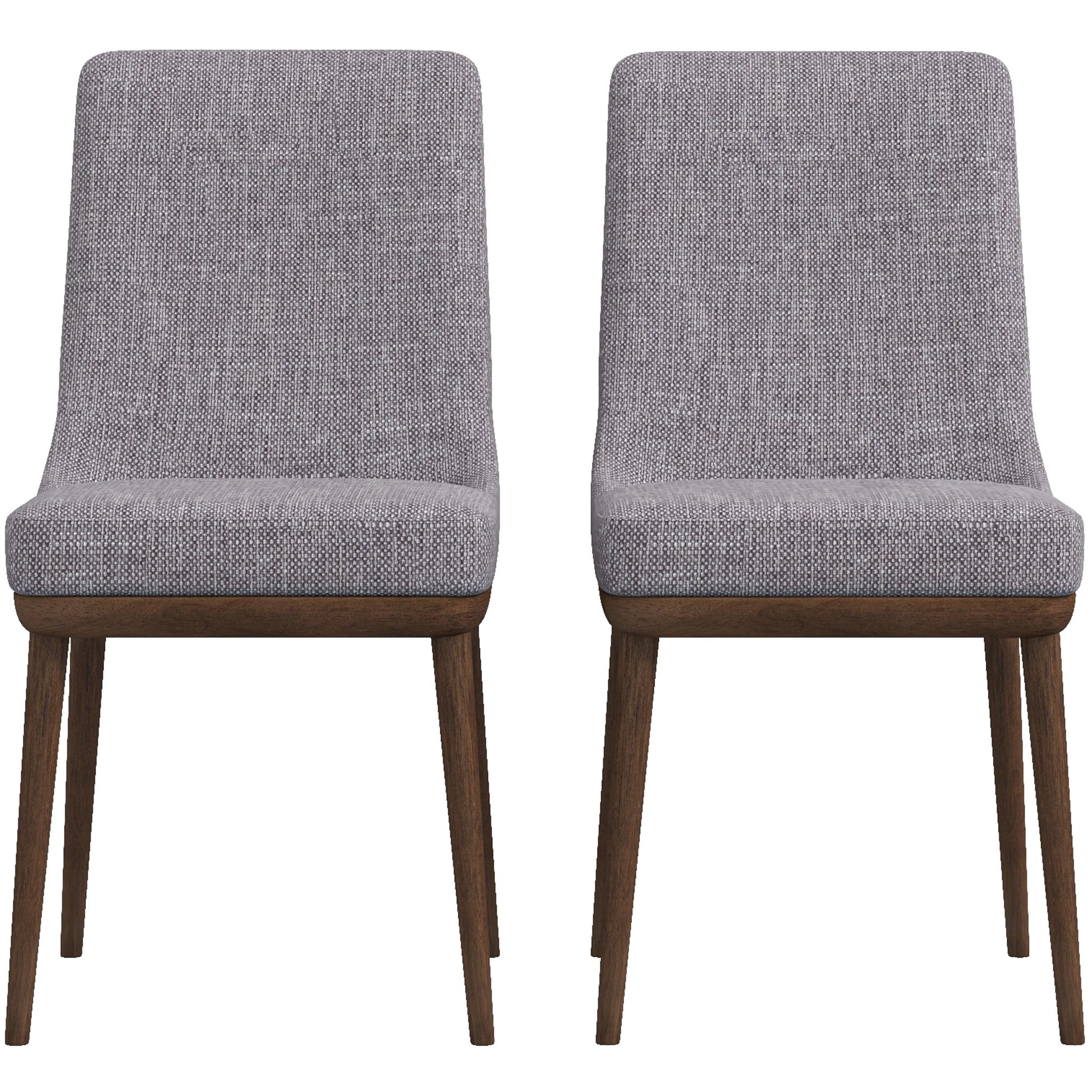 Pair of modern grey upholstered dining chairs with wood legs, FredCo International furniture