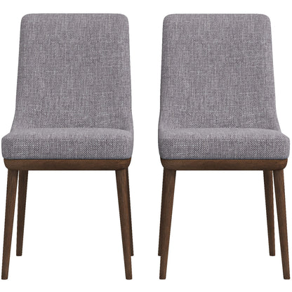 Pair of modern grey upholstered dining chairs with wood legs, FredCo International furniture