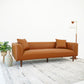 Modern brown leather sofa with two cushions on a light rug, styled with a floor lamp and indoor plant