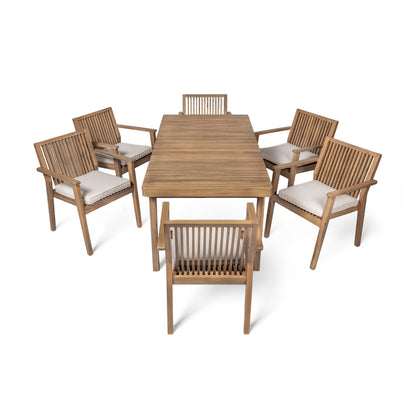 Durable 7 - Piece Patio Furniture Set Acacia Wood Table and 6 Heavy-Duty Cushioned Chairs, Brown