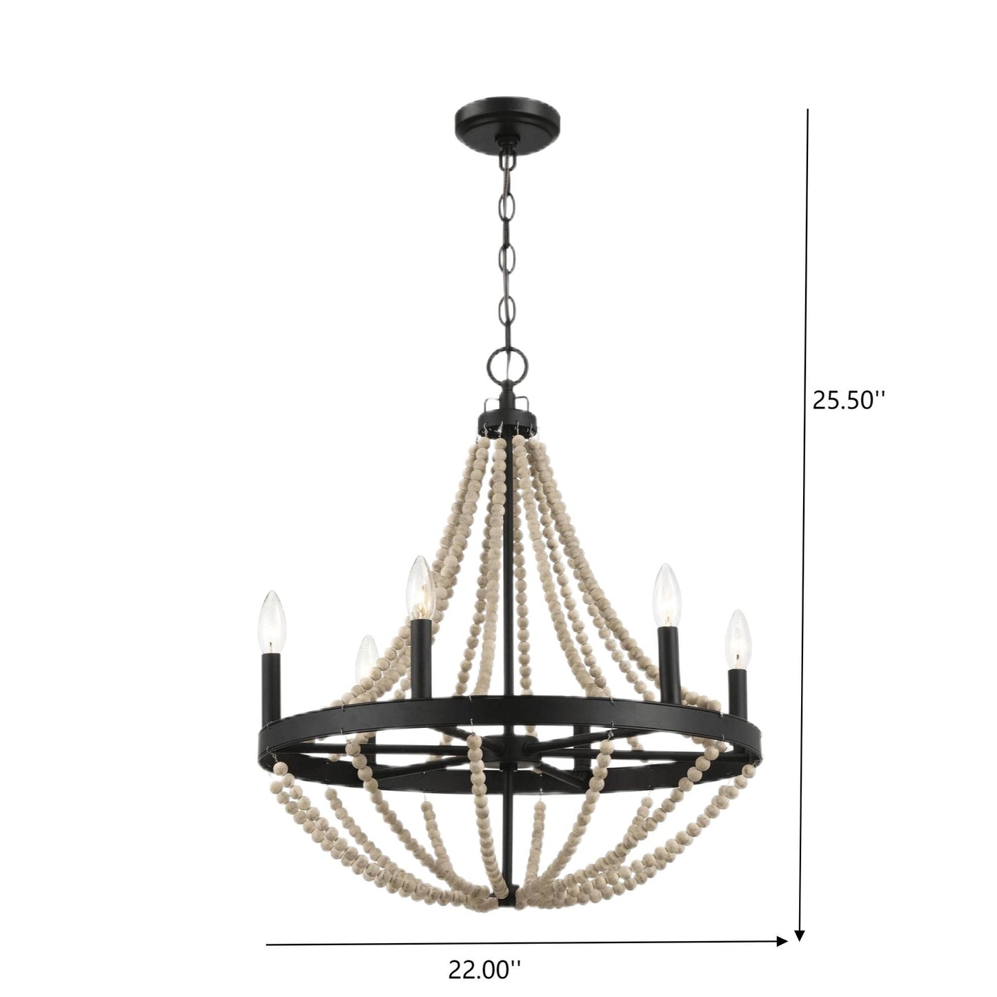 Starry Wood Chandelier Farmhouse Six Candle Light Wood Beaded Black Pendant Light for Dining Room FredCo