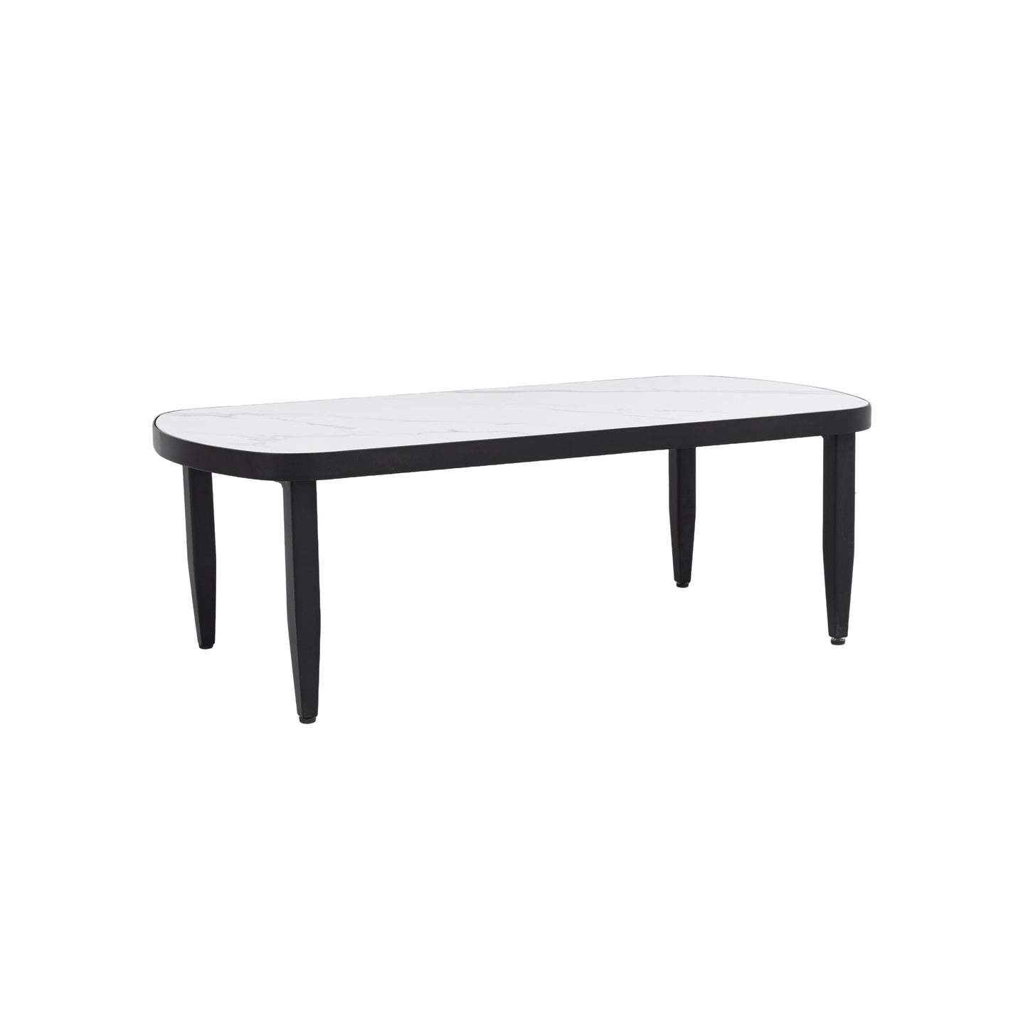 Modern Outdoor Elegance Arc Coffee Table with Greek White Marble-Inspired Sintered Stone Top, Aluminum Frame in Ember Black, Post Tapered Legs, Rounded Corners, Weatherproof & Rust-Free, 47.2''X23.6''