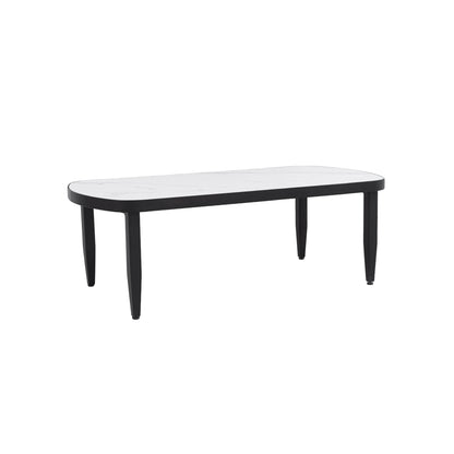 Modern Outdoor Elegance Arc Coffee Table with Greek White Marble-Inspired Sintered Stone Top, Aluminum Frame in Ember Black, Post Tapered Legs, Rounded Corners, Weatherproof & Rust-Free, 47.2''X23.6''