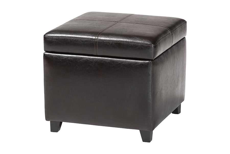 Dark Brown Full Leather Storage Cube Ottoman