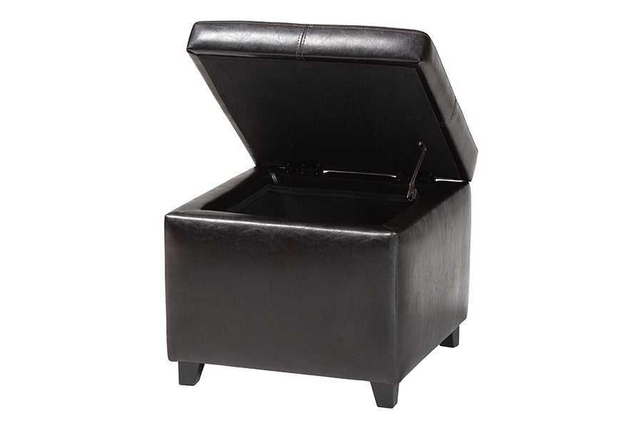 Dark Brown Full Leather Storage Cube Ottoman
