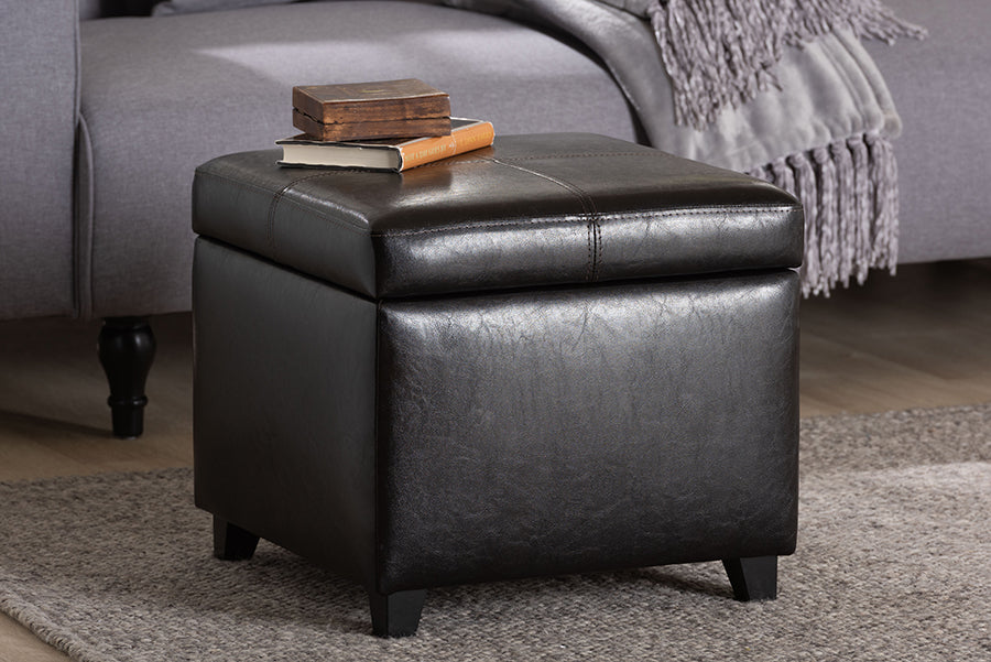 Dark Brown Full Leather Storage Cube Ottoman