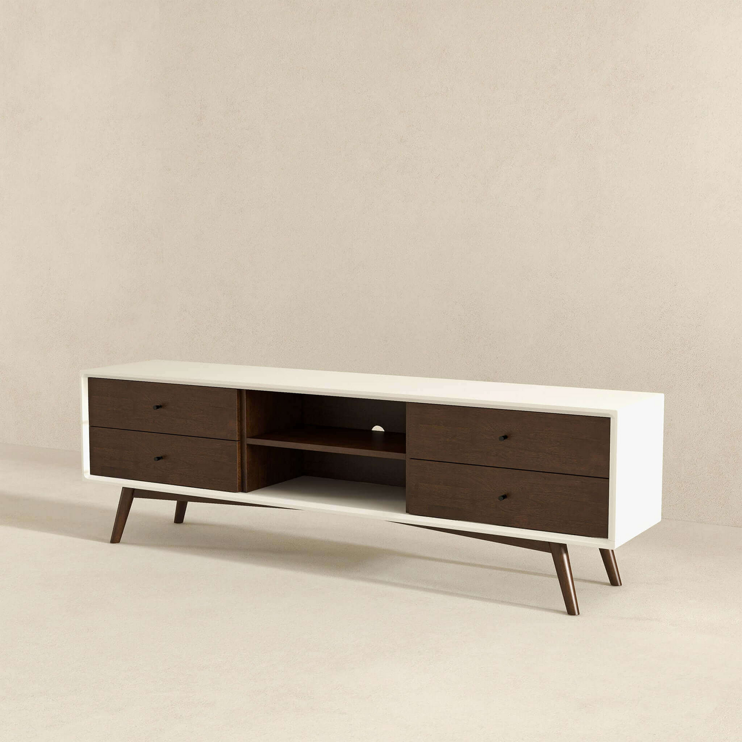 Modern TV stand with white frame, dark wood drawers, and open shelf on angled legs