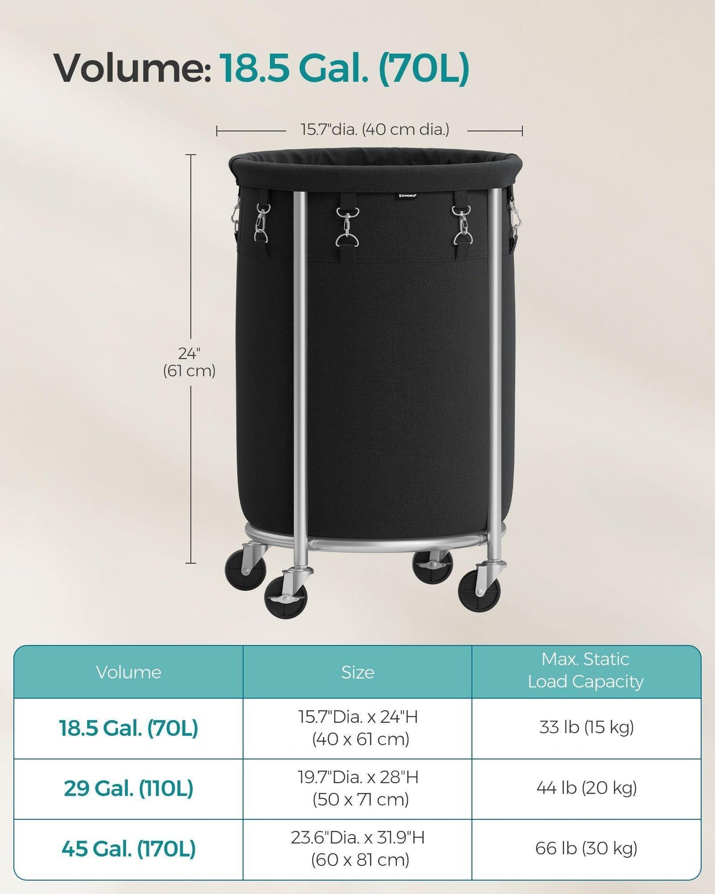 18.5-Gallon Laundry Basket on Wheels Black and Silver FredCo