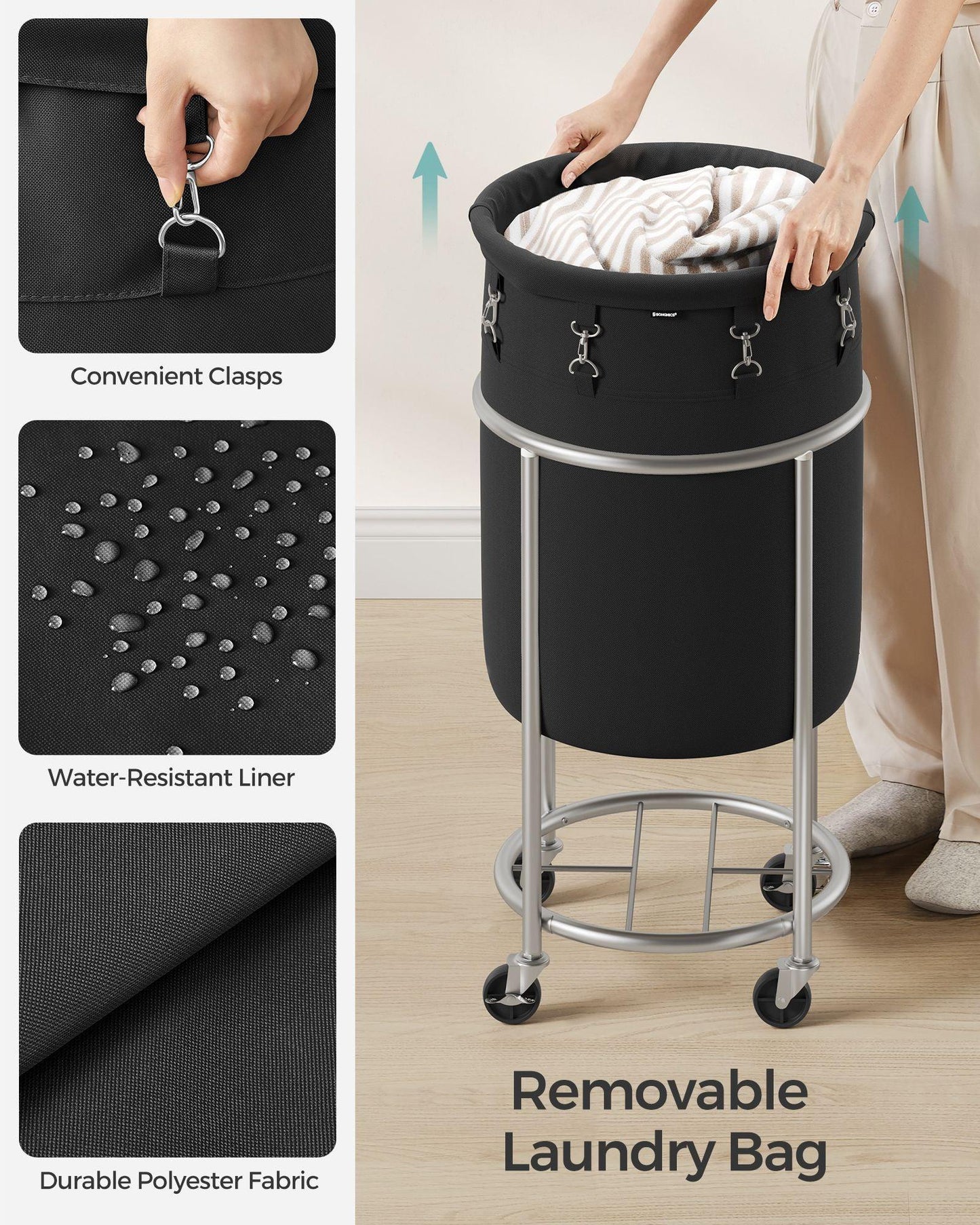 18.5-Gallon Laundry Basket on Wheels Black and Silver FredCo