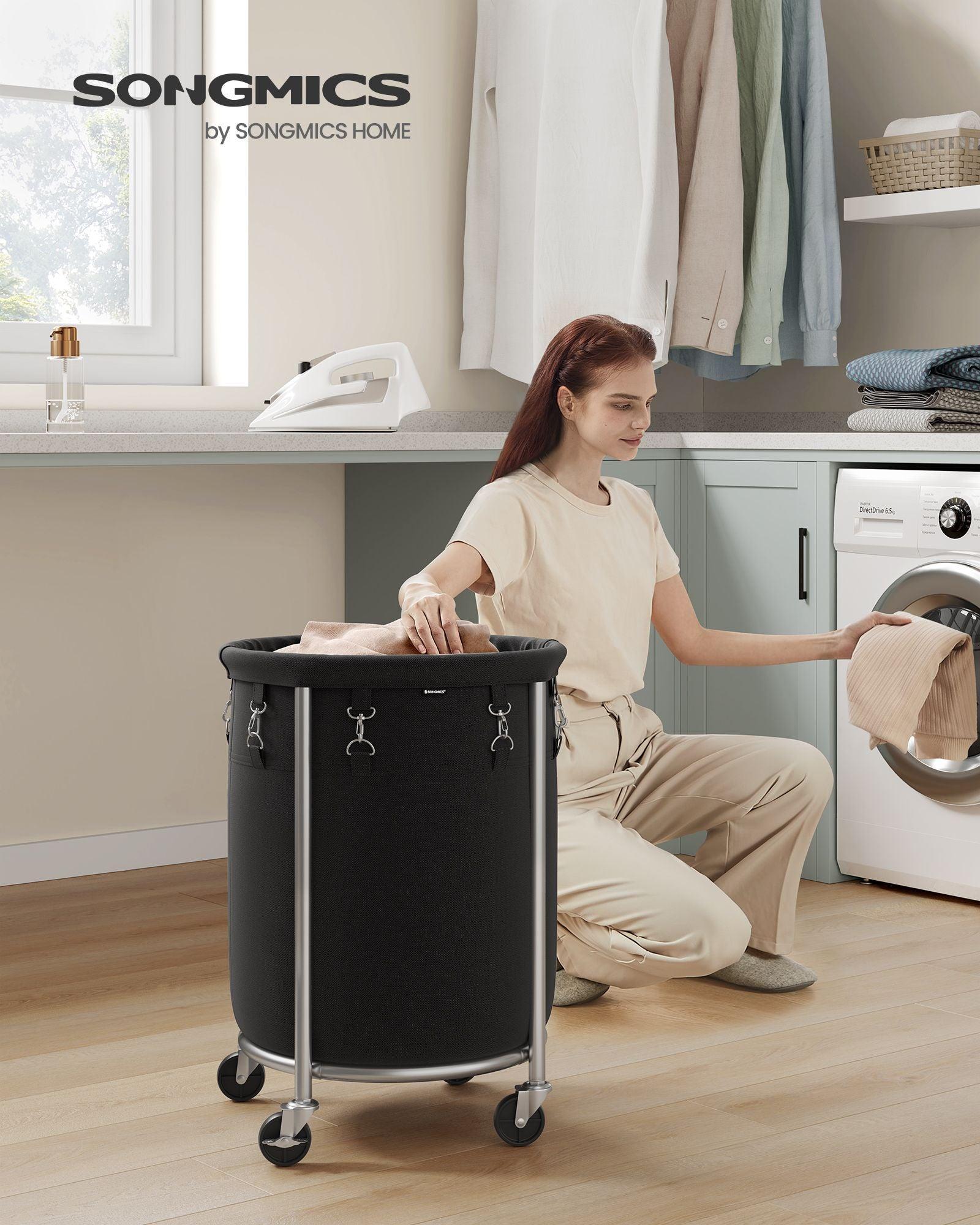 18.5-Gallon Laundry Basket on Wheels Black and Silver FredCo