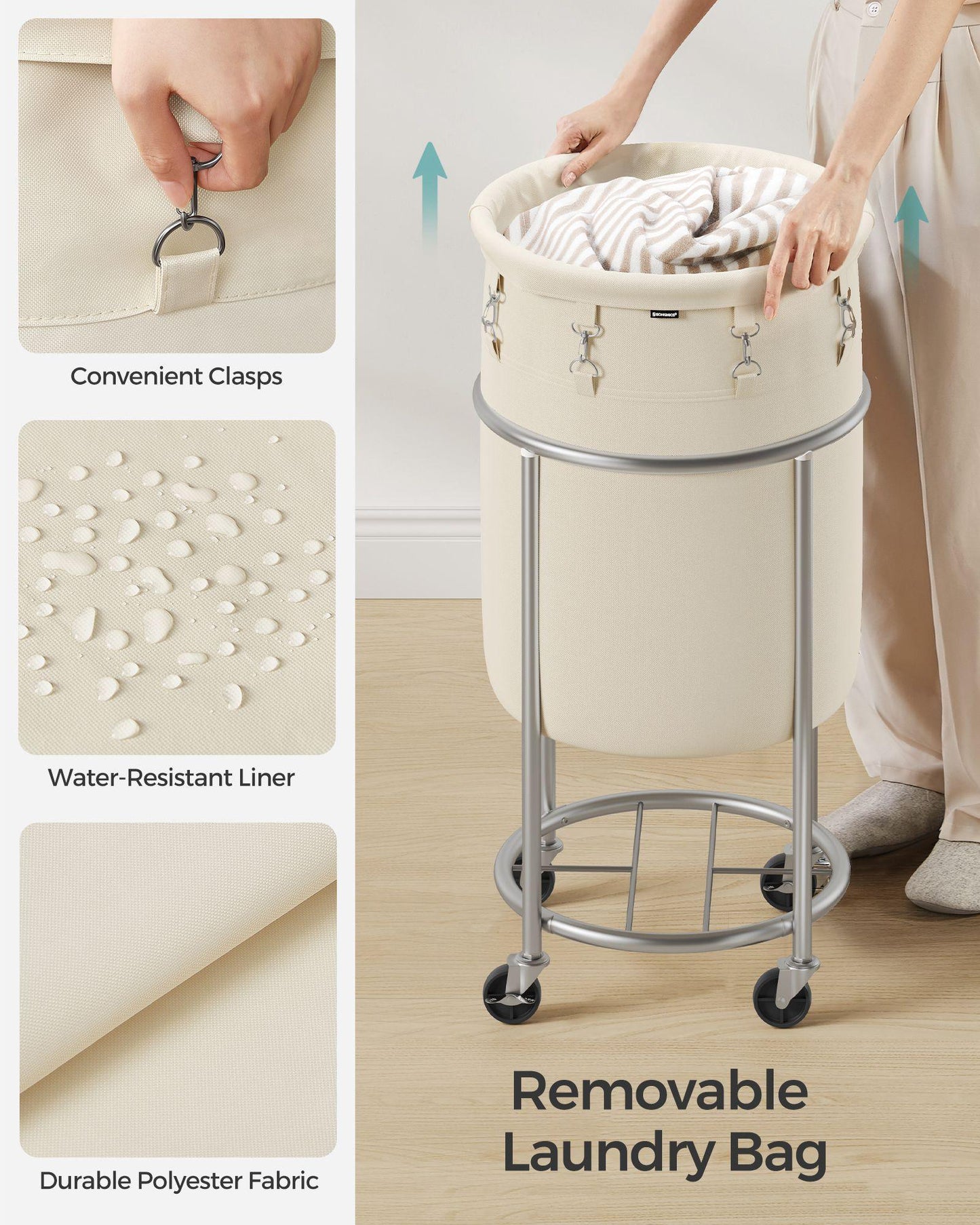 18.5-Gallon Laundry Basket on Wheels Cream and Silver FredCo