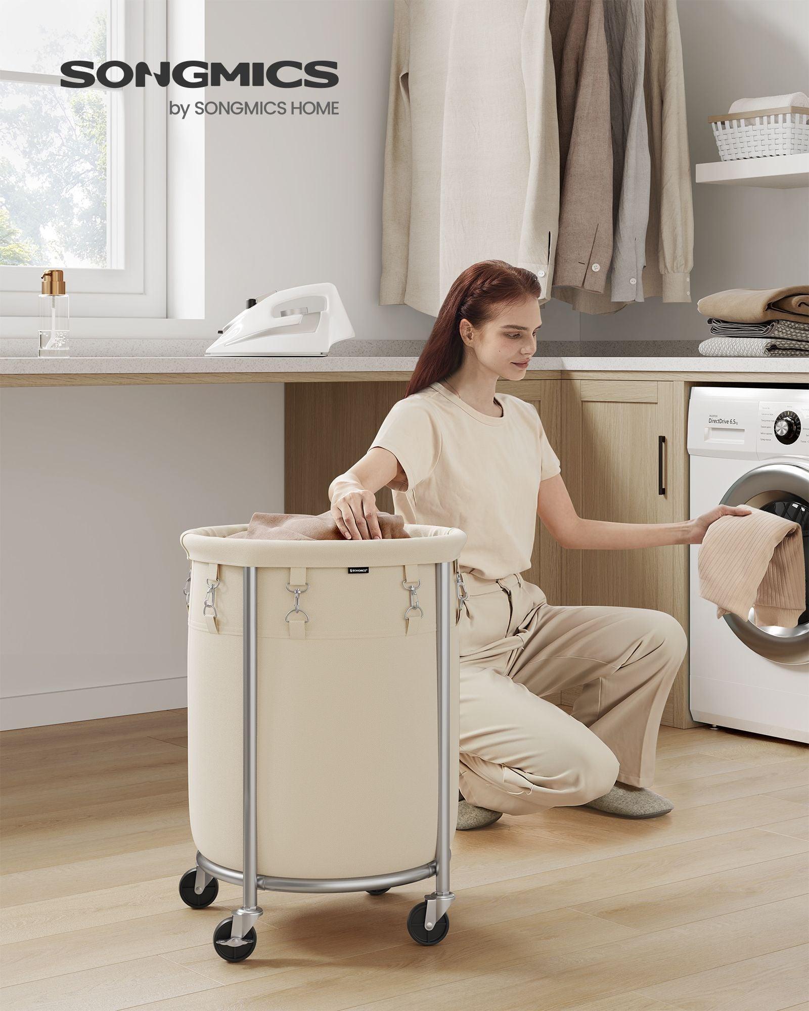 18.5-Gallon Laundry Basket on Wheels Cream and Silver FredCo