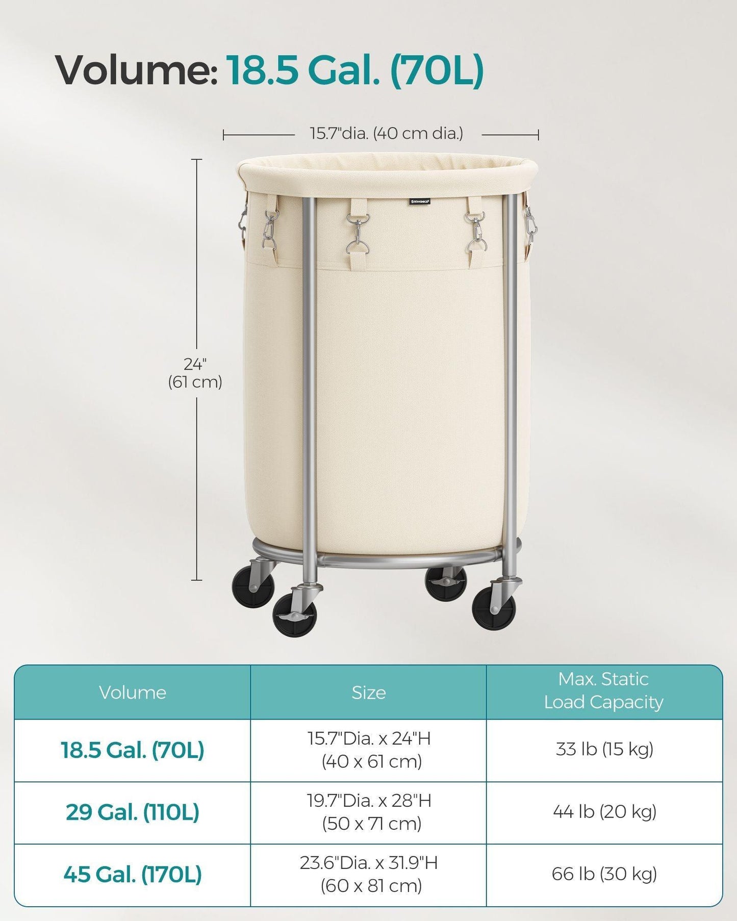 18.5-Gallon Laundry Basket on Wheels Cream and Silver FredCo
