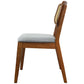 Mid-century modern wooden dining chair with grey upholstered seat and cane backrest, FredCo International furniture.