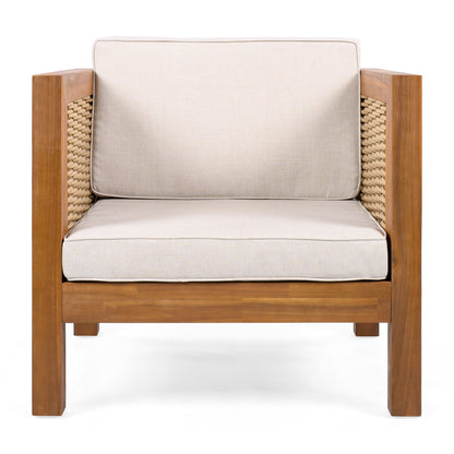 Acacia Wood Outdoor Club Chair with Wicker Armrest and Beige Cushions,400 lbs Capacity