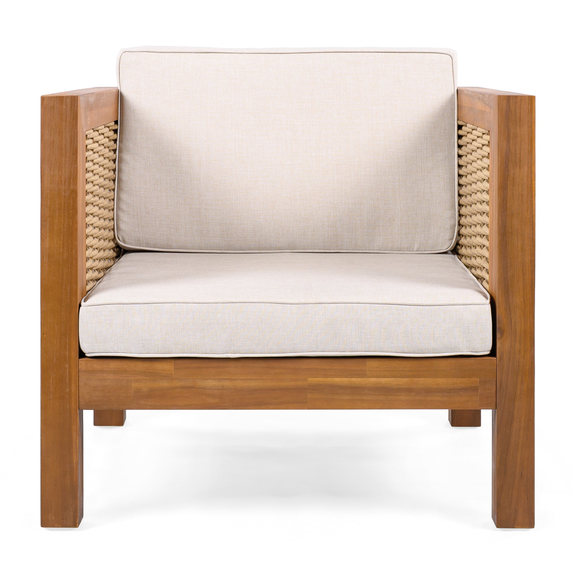 Outdoor Club Chair Set of 2, Acacia Wood Frame with Wicker Armrest and Beige Cushions,400 lbs Capacity FredCo