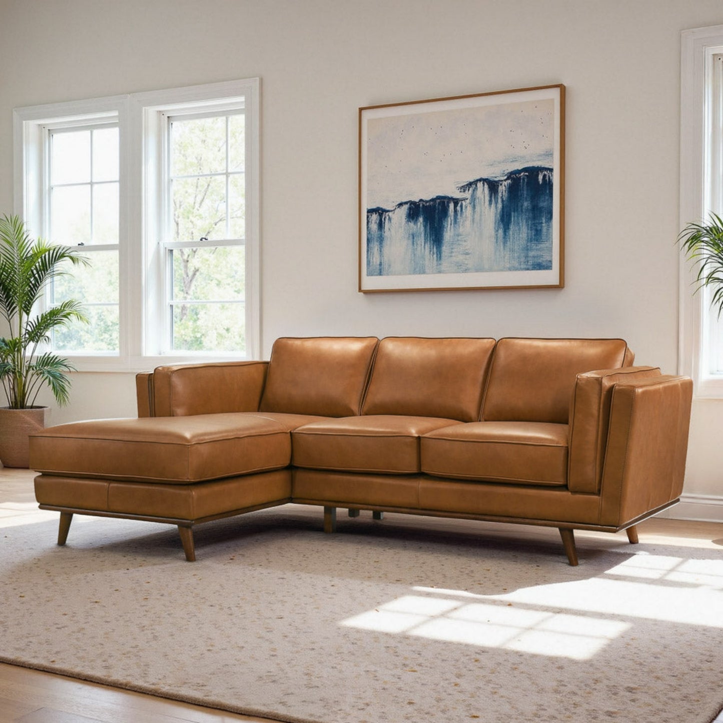 Chase Genuine Leather Sectional Left Facing Sofa Tan Leather 90.90 inches FredCo