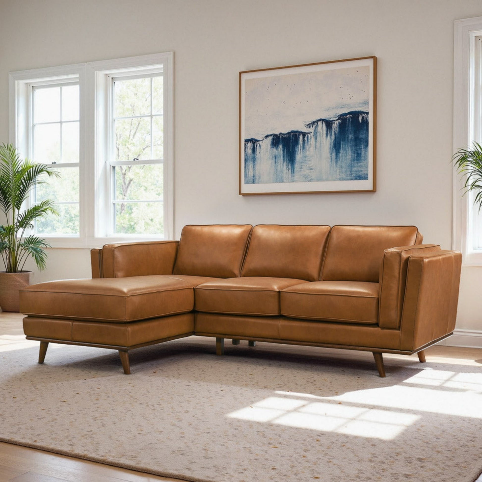 Chase Genuine Leather Sectional Left Facing Sofa Tan Leather 90.90 inches FredCo