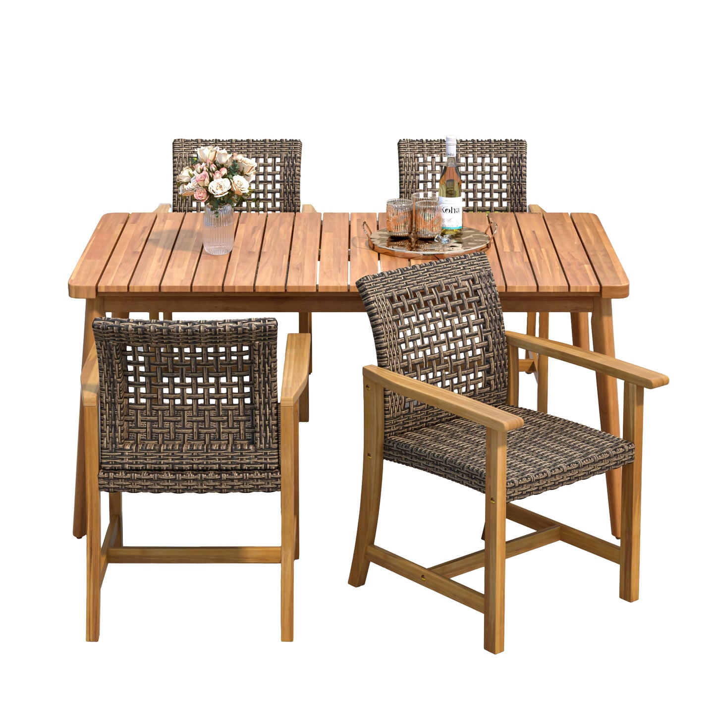 5-Piece Patio Dining Set, 63' Slatted Table & 4 Acacia Wood & PE Rattan Chairs for Patio Garden FredCo
