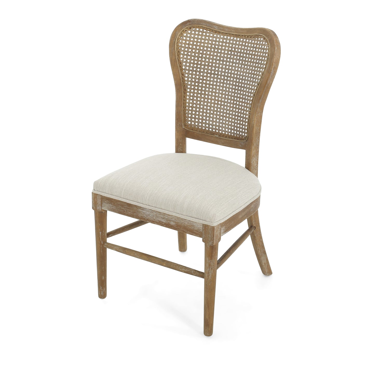 Classic Retro Dining Chair Set of 2 with Rattan Backrest, Dark Brown Rubberwood Frame, Beige Fabric Cushion FredCo