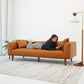 Modern brown leather sofa with woman relaxing, reading on phone in bright living room