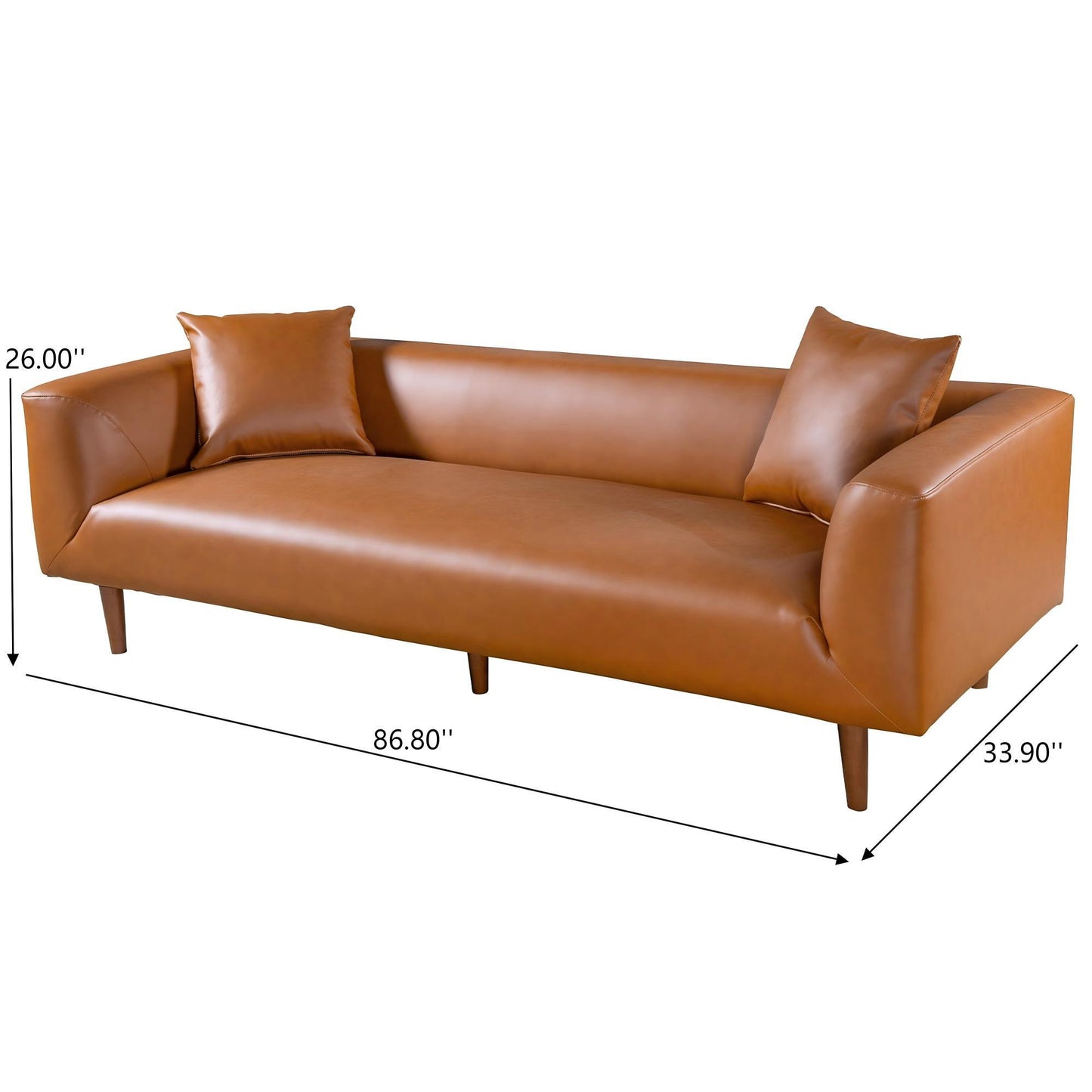 Modern brown leather sofa with two cushions, showing dimensions, FredCo International furniture