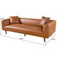 Modern brown leather sofa with two cushions, showing dimensions, FredCo International furniture